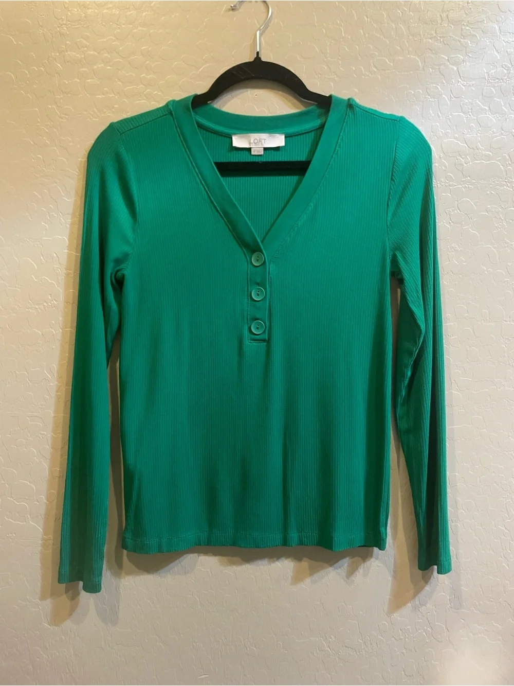 LOFT Green Ribbed Long-Sleeve Henley Top